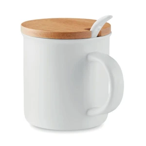 Porcelanowy kubek z łyżeczką i bambusową pokrywką