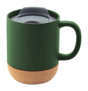 Ceramiczny kubek 325 ml z podstawą z naturalnego korka i pokrywką z tworzywa PP